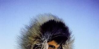 A person dressed in traditional Inuit furs, turning their gaze out into the Arctic landscape